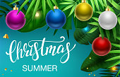 Christmas summer, beautiful Christmas decoration with palm leaves and text. Tropical foliage composition with christmas decorations.