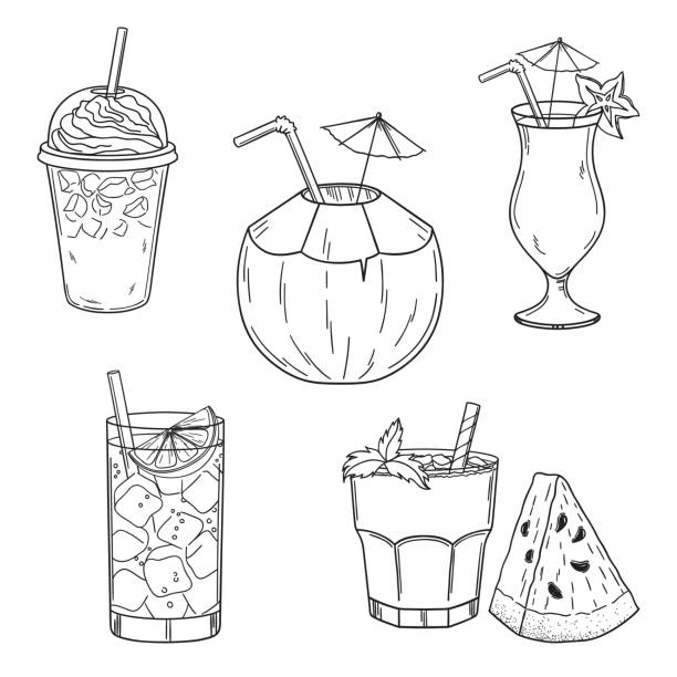 Summer cold drinks set Set of hand drawn summer drinks. Iced coffee, coconut, lime water, cocktail and watermelon juice smoothie drawings stock illustrations
