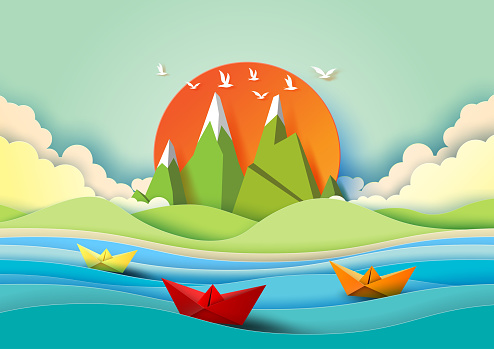Summer concept with island, beach and sailboats paper art style.