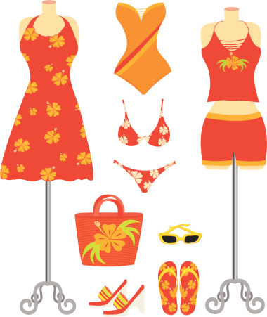 A selection of summer coordinated fashion and accessories. Extra large JPG, thumbnail JPG, and Illustrator 8 compatible EPS are included.