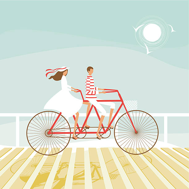 stockillustraties, clipart, cartoons en iconen met summer couple cycling on the beach - fietsen strand
