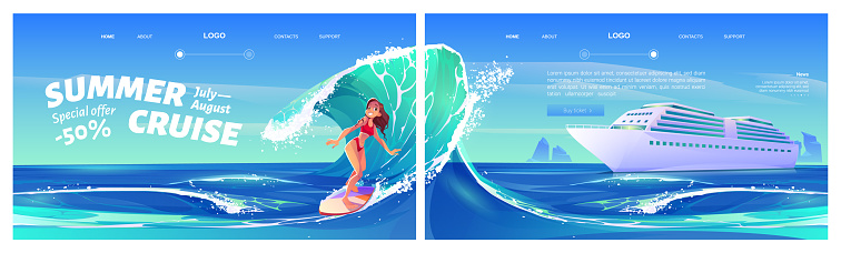 Summer cruise cartoon landing with surfing girl