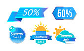 Summer discount, sale 50 , promotions, discount program. Collection of colorful stickers, labels, shopping, promotions, special offers. Super summer sale vector illustration isolated