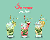 Summer drink collection. Watermelon fresh, mojito, lemonade. Color juicy fruit cocktails.