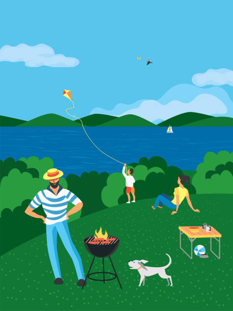 Summer family BBQ picnic on nature flat vector Family barbecue BBQ picnic on nature flat vector. Summer outdoors activity concept. River bank scene cartoon background. Season holiday leisure background. Weekend barbecue of father children, pet drawing of family picnic stock illustrations