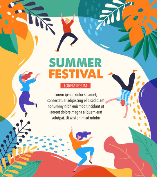 yaz festivali, canlı müzik festivali konsepti, caz ve rock, food street fuarı, aile fuarı, etkinlik afişi ve dans eden mutlu insanlar ile afiş. vektör tasarımı ve illüstrasyon - summer stock illustrations