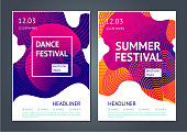 Summer dance party. Abstract poster for electronic music festival. Guilloche line and dynamic fluid background.
