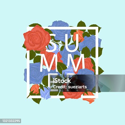 istock Summer floral background, isolated frame with blue and orange roses leaves on blue background. Vector illustration. 1321332295