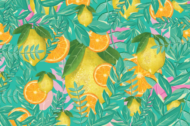 illustrazioni stock, clip art, cartoni animati e icone di tendenza di fondo frutta estiva. arance e limoni - stankovic