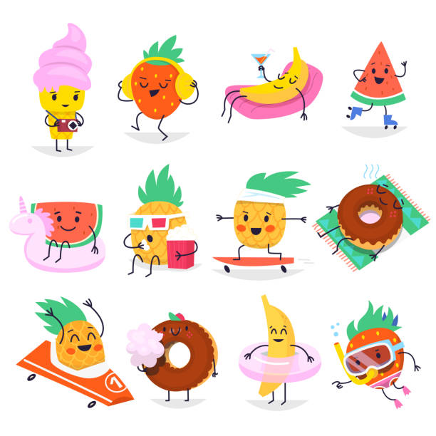 Summer fun characters Cute summer characters having fun time, relaxed in typical summer situations. Vector elements for creating invitations, posters and greeting cards for summer parties strawberry cartoon stock illustrations