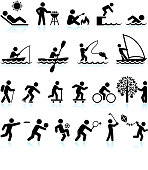 Summer Fun and Outdoor Activities Stick Figure interface icon Set. This royalty free icons set features summer theme recreational activities. People are black on white background. They can be used for vector app or vector logo ideas and include guy sun tanning, guy doing barbecue, swimming, fishing, sailing, hiking, and guys playing summer sports.