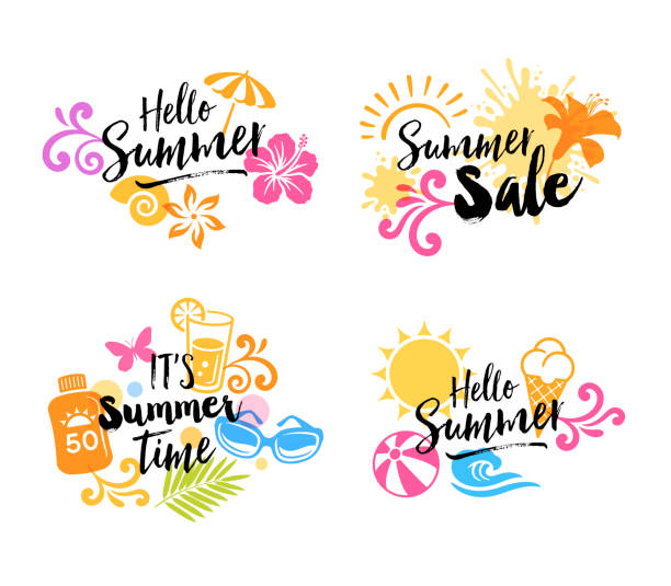Summer Graphics - Icons Summer signs with icons: suntan lotion,beach umbrella, lemonade, butterfly, ice cream, beach ball, ice cream and sunglasses.File is layered with global colors.More works like this linked below.http://www.myimagelinks.com/Lightboxes/summer_files/shapeimage_2.png summer icons stock illustrations