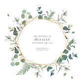 Summer greenery vector design card. Eucalyptus, spring greenery, sage plants. Wedding floral invitation background. Geometric golden art. Watercolor vintage frame. Elements are isolated and editable