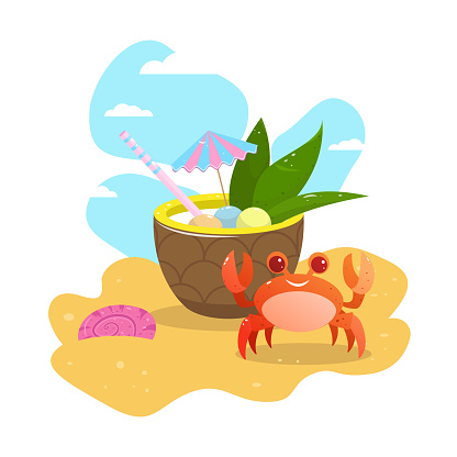 Summer greeting card. Postcard. Vector. Funny crab on the beach in the sand. Pineapple cocktail on the beach.