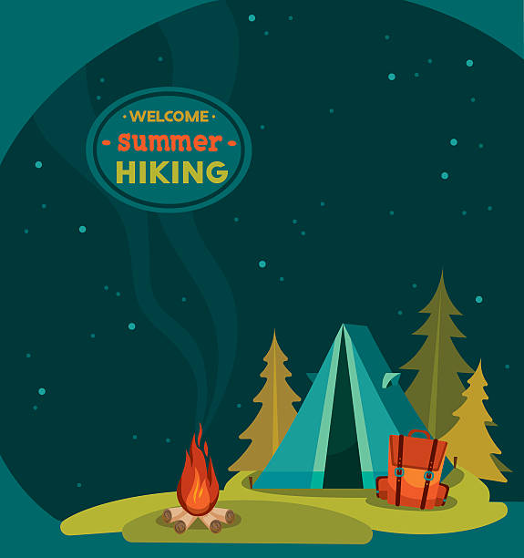 bildbanksillustrationer, clip art samt tecknat material och ikoner med summer hiking - tent, backpack and campfire. - camping tent