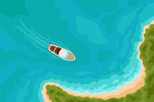 Summer holiday background with speed boat sailing to a sandy beach on tropical island.
