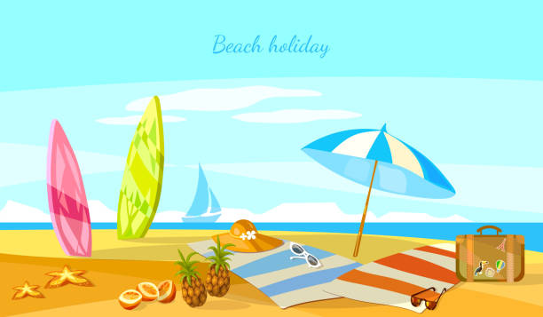 ilustrações de stock, clip art, desenhos animados e ícones de summer holiday sunset beach scene tropical paradise - beach towel