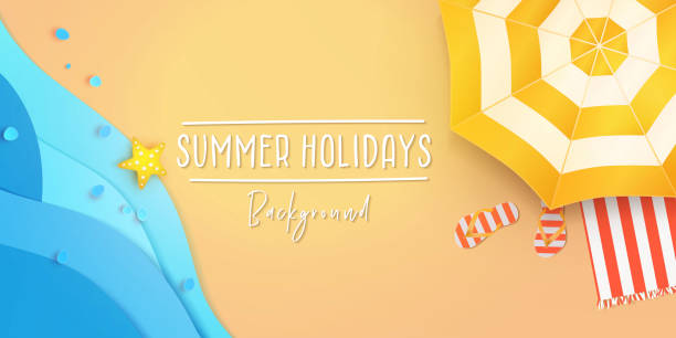 Summer holidays banner design template for poster, web, social media and mobile apps. Paper cut tropical beach top view background Summer holidays banner design template for poster, web, social media and mobile apps. Paper cut tropical beach top view background with umbrella, flip flops and starfish on blue waves of the sea beach summer stock illustrations
