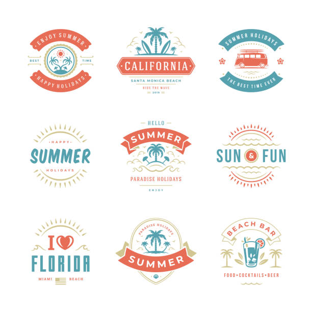 stockillustraties, clipart, cartoons en iconen met de etiketten en de kentekens van de zomervakantie retro typografieontwerp reeks - branding