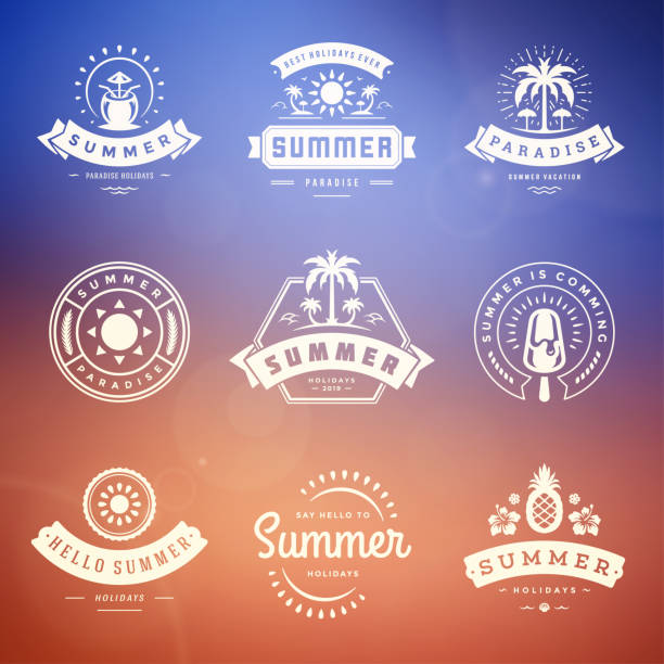 Summer holidays labels and badges retro typography design set Summer holidays labels and badges retro typography design set. Templates for greeting cards, posters and apparel design. Vector illustration. cocktail silhouettes stock illustrations