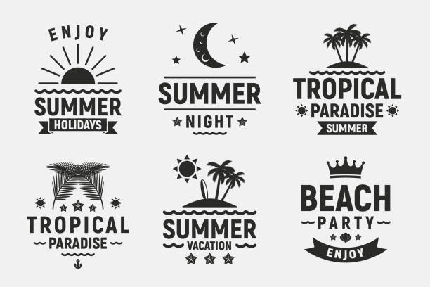 illustrazioni stock, clip art, cartoni animati e icone di tendenza di set tipografico per le vacanze estive. distintivi vintage, etichette, poster. spiaggia estiva, vacanze, viaggi, emblemi paradiso tropicale. modello di abbigliamento vettoriale - surf