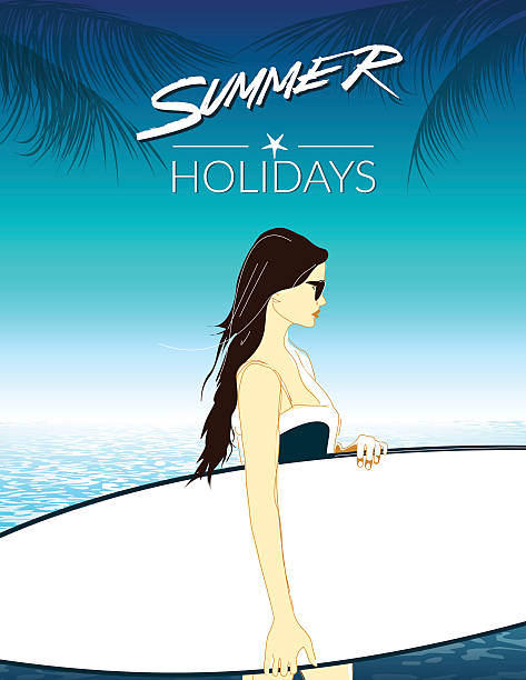 stockillustraties, clipart, cartoons en iconen met summer holidays vector illustration. surfer girl with surfboard at sea - sunset dining