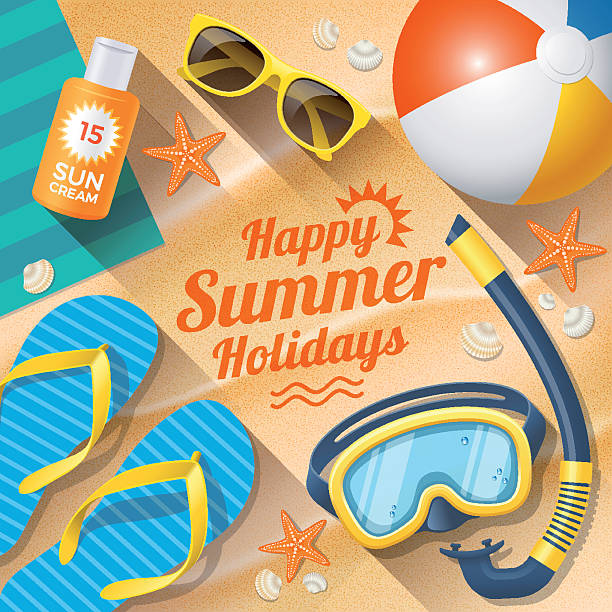 ilustrações de stock, clip art, desenhos animados e ícones de férias de verão praia com acessórios de verão - beach towel