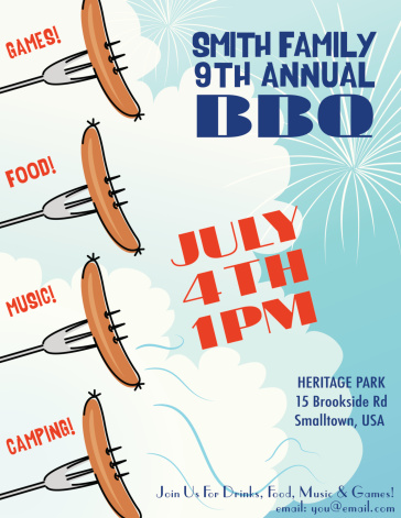 Summer Hot Dog BBQ Invitation on a blue sky with white cloud background.  On the left side of the poster is a vertical row of partial bbq forks with a sausage pierced on each with red text words 'games,food,music,and camping'  On the right side is blue and red invite text for the 4th of July celebration. vector