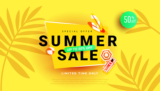 Summer hot season discount poster with tropical leaves background for seasonal offer, promotion, advertising. Vector illustration