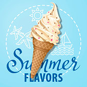 The ice cream flavors for the summer on the blue background with line art of sun, sailboat and starfish