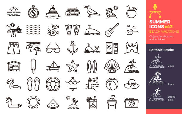 Summer icons, Beach Vacations. Objects landscapes and activities. Vector thin line illustration with Editable Stroke, easily editable. Seasonal, holiday, vacation, traveling. vector eps10 summer symbols stock illustrations