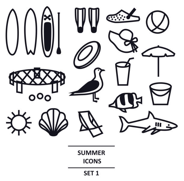 Summer Icons Black line set Travel, vacation and weekend Isolated Vector illustration Summer Icons Black line set Travel, vacation and weekend Isolated Vector illustration set frisbee stock illustrations
