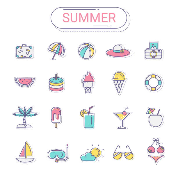 Summer icons set. Summer icons set.Flat line icon style colorful and relax color create by vector modern design. The Summer icons set can be used for graphic design, info graphics, web design, and mobile application. cocktail symbols stock illustrations