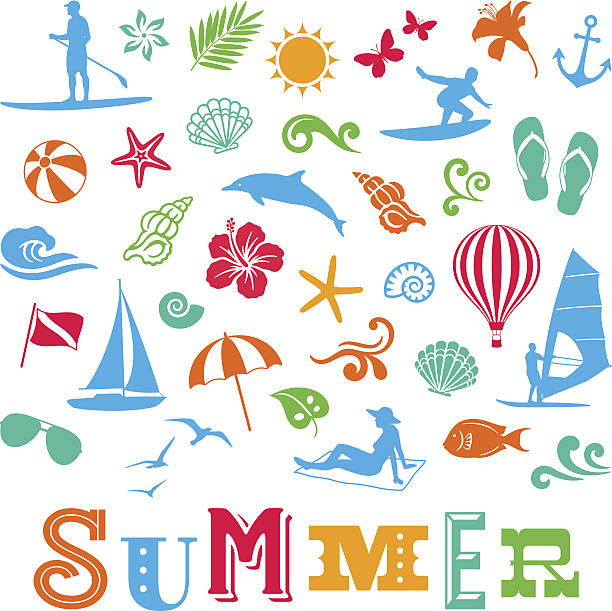 illustrazioni stock, clip art, cartoni animati e icone di tendenza di icone di estate - ombrellone