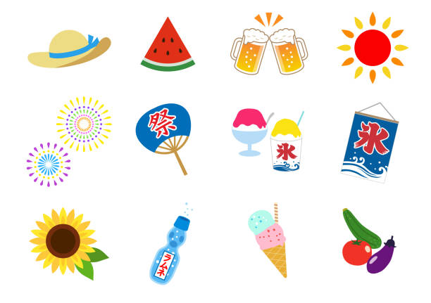 bildbanksillustrationer, clip art samt tecknat material och ikoner med sommar i japan_icon set - squash sun