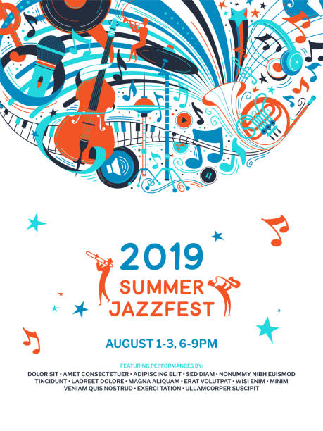 Summer jazz festival announcement poster flat template Summer jazz festival announcement poster flat template. Retro music fest web banner with text space. Microphone, cello, french horn musical instruments doodle drawing. Blues concert flyer arts culture and entertainment stock illustrations