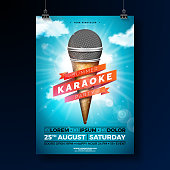 Summer Karaoke Party Flyer Design with microphone and ribbon on blue cloudy sky background. Vector Summer Design template for banner, flyer, invitation, poster
