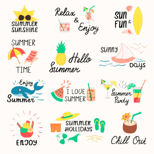 Summer labels, lettering tags and elements, badges for holiday, travel, beach vacation, sun. Cute vector illustration with cocktails, fruits. Summer labels, lettering tags and elements, badges for holiday, travel, beach vacation, sun. Cute vector illustration with cocktails, fruits. smoothie clipart stock illustrations