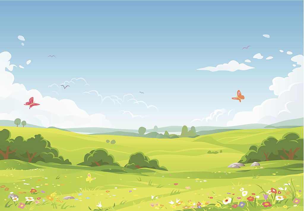 Eine Sommer- oder Frühlingslandschaft mit grünen Wiesen, Blumen, hügeligen Feldern und einem blauen Himmel mit Wolken im Hintergrund. EPS 8, vollständig editierbar und alle in Schichten beschriftet.