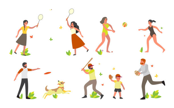 Summer leisure set. Woman having fun, playing badminton and volleyball on white Summer leisure set. Woman having fun, playing badminton and volleyball on white background. Man playing with frisbee and baseball. Vector illustration in cartoon style frisbee stock illustrations