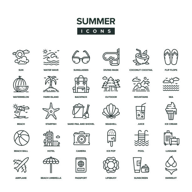illustrations, cliparts, dessins animés et icônes de ensemble d’icônes summer line - parasol
