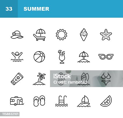istock Summer Line Icons. Editable Stroke. Pixel Perfect. For Mobile and Web. Contains such icons as Summer, Beach, Party, Sunbed, Sun, Swimming, Travel, Watermelon, Cocktail, Beach Ball, Cruise, Palm Tree. 1158832101