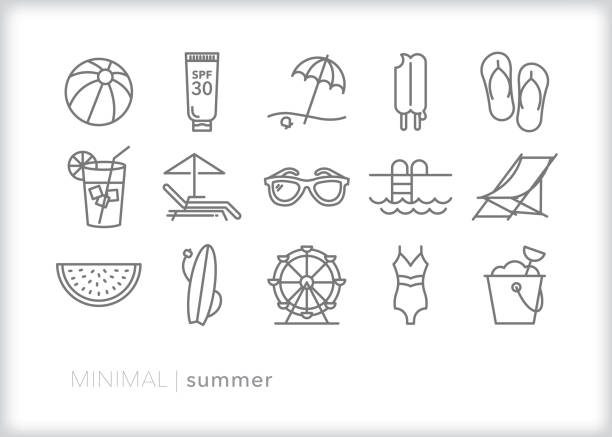 Summer line icons for vacation at the beach and enjoying warm weather Set of 15 summer line icons of beach vacation, swimsuit, lemonade, ferris wheel, sunglasses, beach ball, sunscreen, beach chair and watermelon summer icons stock illustrations