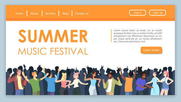Summer music festival landing page vector template. Pop sound fest website interface idea with flat illustrations. Open air fun homepage layout. Dance party web banner, webpage cartoon concept  signup stock illustrations