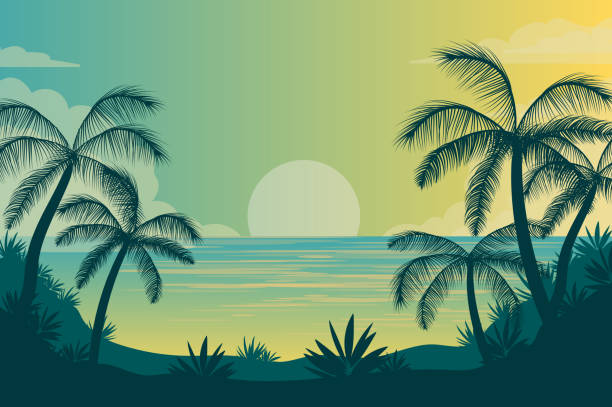 stockillustraties, clipart, cartoons en iconen met summer on tropical island line vector - beach