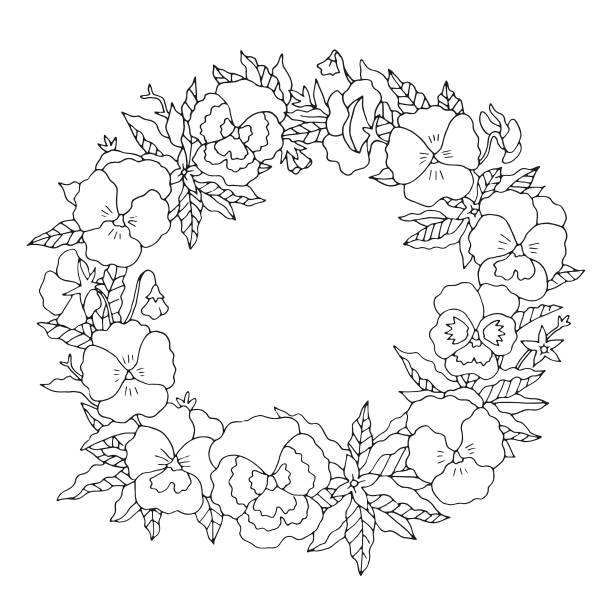Summer or spring pansies floral nostalgic elegant romantic old fashioned wreath contour coloring page vector art illustration