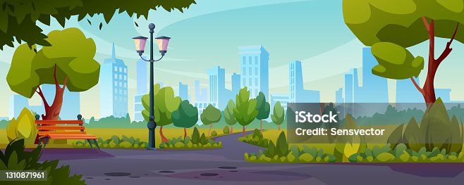 istock Summer or spring park sidewalks flat color illustration. Vector road near lawn with green grass, trees and bushes. Bench and street lamp, landscape with skyline cityscape house buildings on background 1310871961