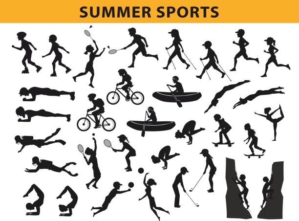 ilustrações, clipart, desenhos animados e ícones de verão, ao ar livre esportes coleção silhueta, cara mulher correr, caminhada nórdica, patinar, nadar, fazer yoga, escalada - beach tennis