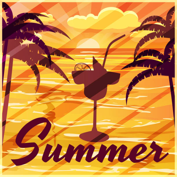 stockillustraties, clipart, cartoons en iconen met zomer met palmen, zee, avond, cocktail, banner, vectorillustratie - sunset dining