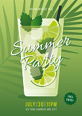 Summer Party invitation.  Tropical background with mojito cocktail and palm leaves. Stock illustration